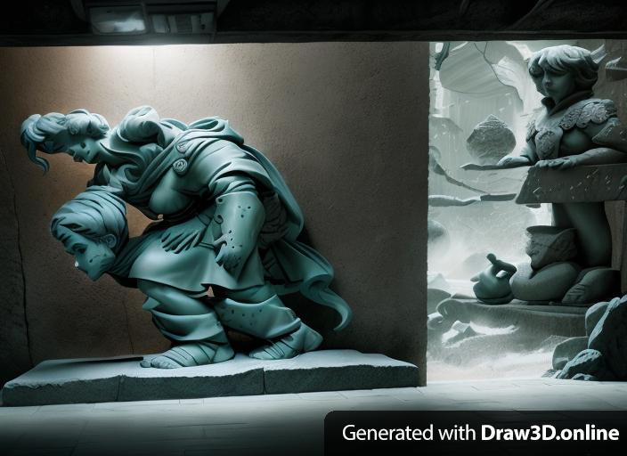 These three characters turned into stone statues in a city alleyway. In dark anime fantasy art style