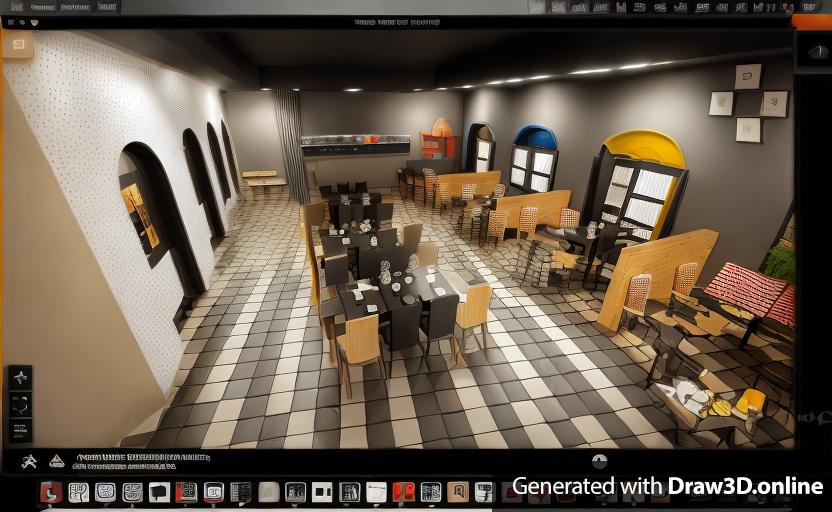 a 3d rendering of a theater bistro with black walls and chessboard floor
Keep the colors from the original image!