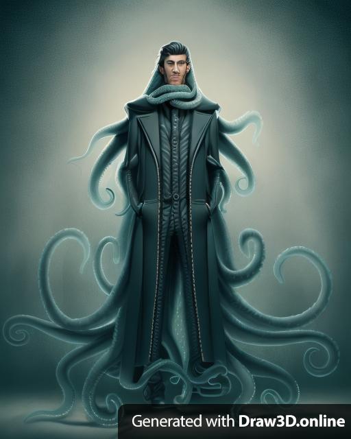 a cartoon of a man in a coat. the coat is turning in to tentacles. the man has tentacles for hair.