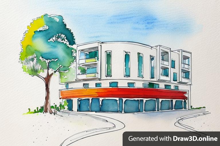 watercolors drawing of an architecture building, a large tree, in the vector style, simple design, with colorful brush strokes, and color paint splashes, in the clip art style, with white space around the drawing