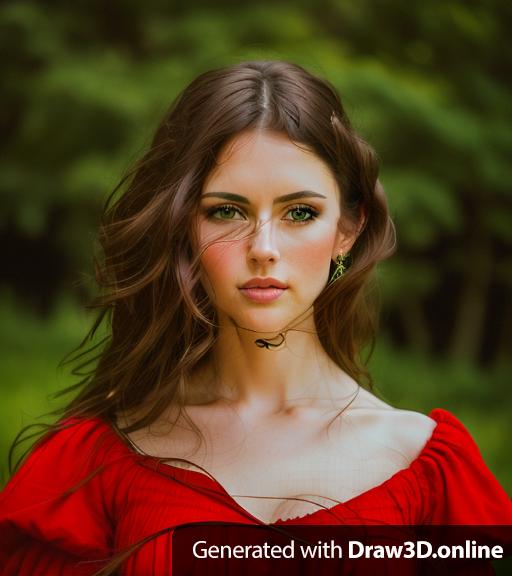 A portrait of a Woman, 30 years old, long darkbrown hair, green eyes, red dress, Louis royo, dark style