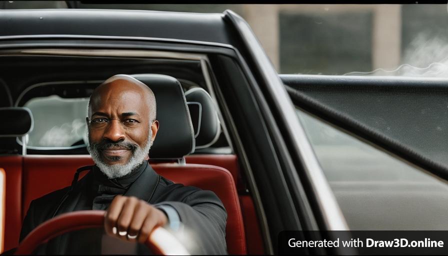 a realistic un real engine style image   of a black short bald man with some grey in his beard driving a car