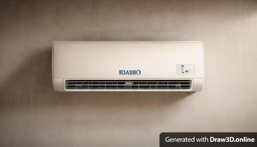 realistic unreal style image of a white air conditioner ON A LIGHT BROWN WALL with the word DATO on it