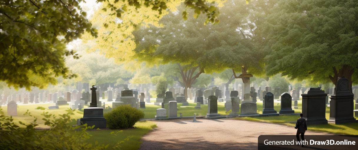 realistic unreal engine image of a black man dressed in black is walking through a cemetery