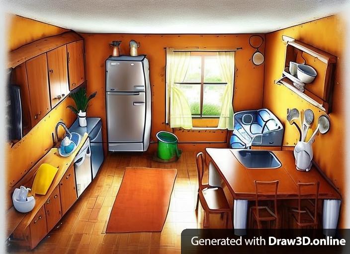 Please provide a photorealistic image of a kitchen. On the left there is a shelf and counter with a bowl of fruits, a sink and a utensil crock. On the back there is a fridge, a bin, a window, and an oven with a stove. On the right there is a picture and a table with three chairs and flowers on top. In front there is a carpet.