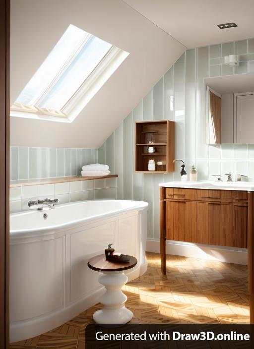 high end london bathroom with graphic tile floor, skylight with evening sunlight, wood walnut stool