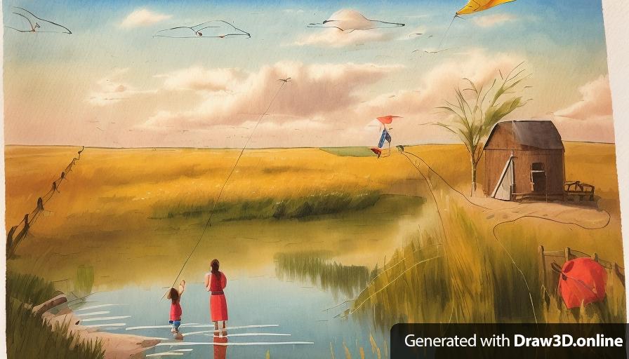 Landscape of prairie picture with woman and little girl flying one kite. A teenage boy fishing by the pond in the background along the horizon