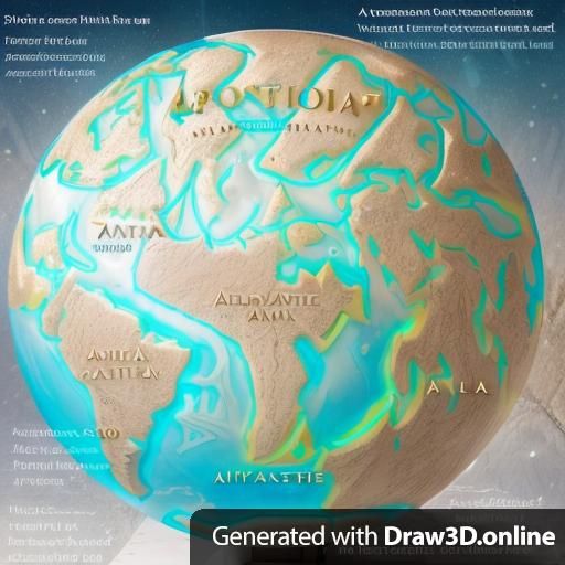 This is an ancient Atlantean map carved into a Granite sphere.  Key features are highlighted with colored lights, and descriptions of the features are included on plaques next to the sphere.  The globe depicts an Ice Age earth, with lower Sea Levels, and the continent of Atlantis in the center of the North Atlantic Ocean.  Be sure to include white ice caps at the poles, and lots of forests on land.