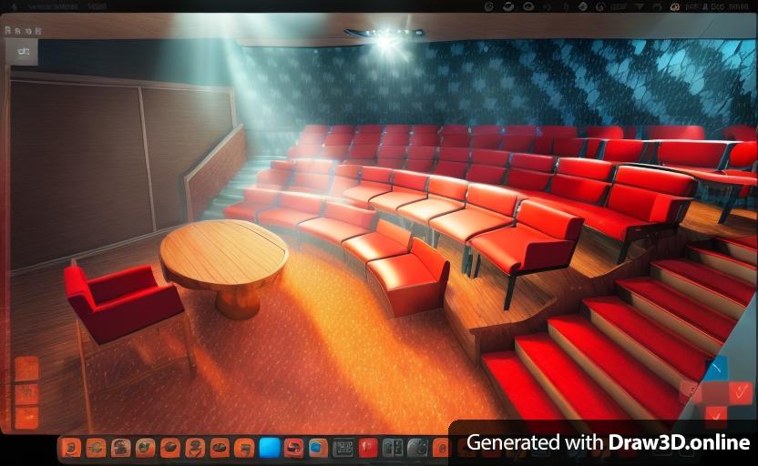 a 3d rendering of a close-up magic theater with a poker table on stage and an amphitheater style auditorium