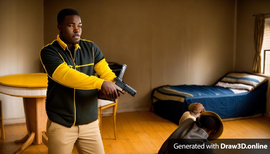 a Portrait of an African man holding a gun in front of another African man in a room
- the second man in kneeling in the foreground 
- imagine very dark room
- the second man has yellow hair on his head