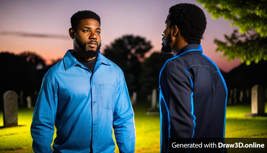 two black men in blue shirts  men talking to each other
the man on the left is in overalls
in a cemetery 
at night