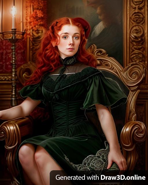 portrait of a victorian woman with curly red hair and green eyes in a black dress sitting on an ornate chair in the ocean at low tide, digital art