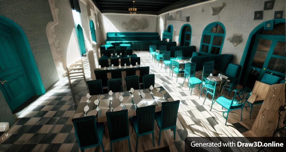 a bistro of a magic theater in black and teal blue colors in the style of Tim Burton's Alice in Wonderland with grass floor on the right and white and black chessboard floor on the left