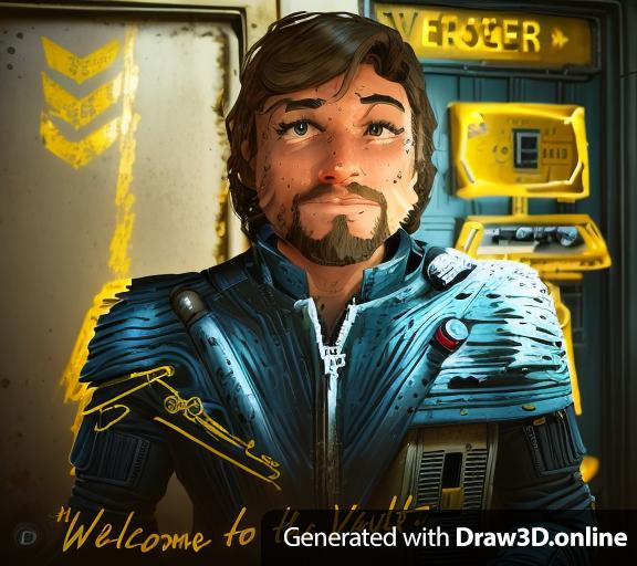 "Welcome to the Vault" a drawing of a vault dweller from the Fallout franchise in his Vault suit, standing in front of the door to the Overseer's office inside the vault, with a terminal behind him and to the right.