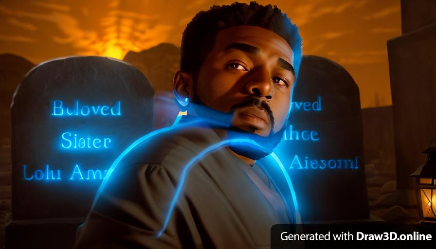 realistic unreal engine style, image at night lit by lanterns of a black man  with a beard, wearing a blue shirt, in front of tombstone