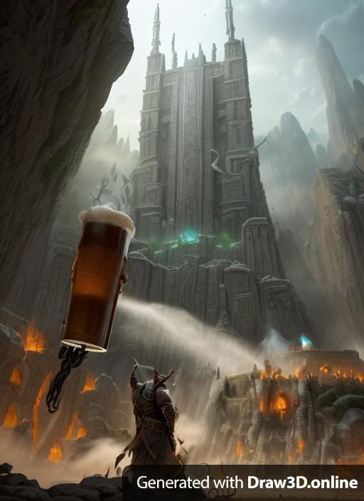 The great Titan the all father with his right arm a grappling hook and in his right hand a gigantic mug of beer, towers over the tribal city leading his army of brigands and orcs to the colliseum.