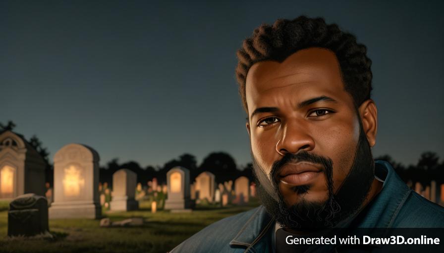 realistic unreal engine style, image at night lit by lanterns of a black man with a beard black hair and a clean cut, wearing blue overalls looking sad , a Cemetery and tombstone in the back ground