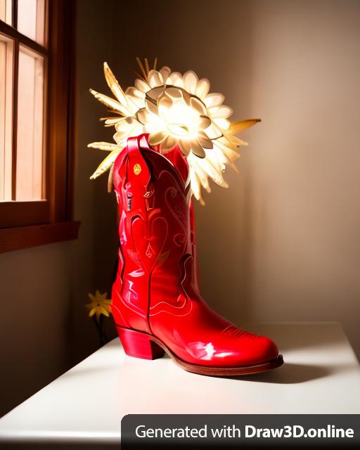 A lamp that is a bright red cowgirl boot. The lamp is sitting on a shiny white end table.