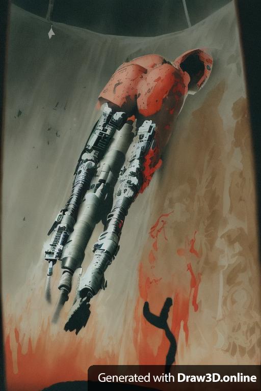 An ominous leg of a rabbit with bloody wounds. Demons are fighting around and there are bullets and guns on the ground.