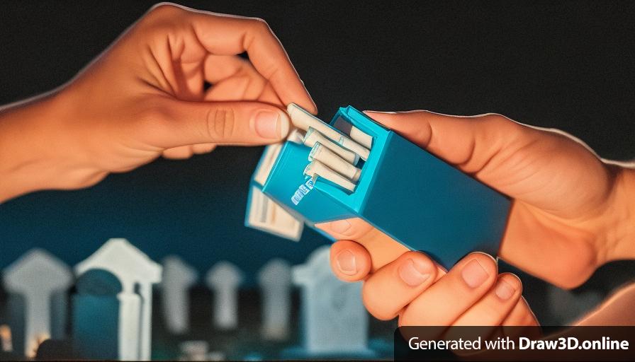 two hands holding a blue box of cigarettes
at a cemetery
at night