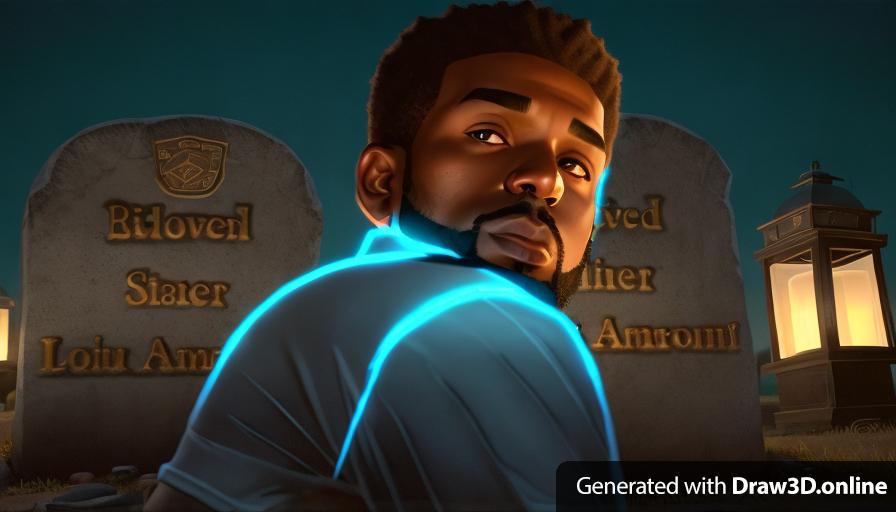 realistic unreal engine style, image at night lit by lanterns of a black man ,wearing an only blue shirt, in front of tombstone with a beard,  and a clean cut,