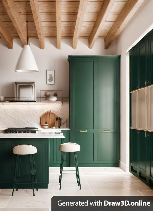 High-end kitchen, more light, brick floor, dark green cabinets, luxury, british, glazed exterior doors on right hand side, cream walls