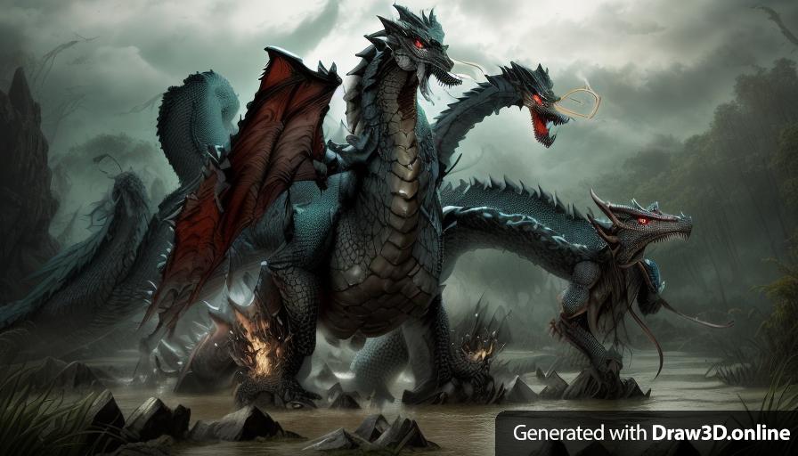 A dragon with five black heads, two wings, four legs and one body. The dragon is standing in a swamp.