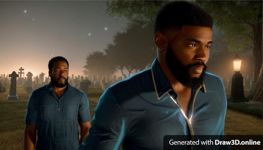 realistic unreal engine style image two black men wearing blue shirts standing next to each other 
the black man behind is wearing  overalls and  has a beard
at a cemetery
at night  
with  lanterns in background