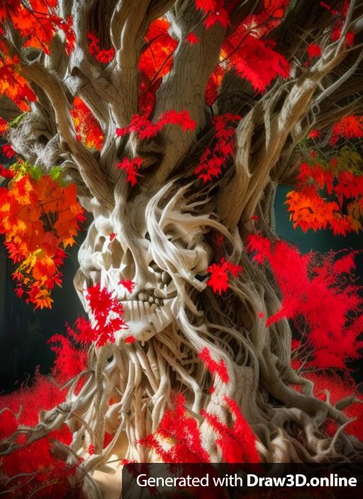 Fantasy art maple tree in an interior courtyard with skeletal face surrounded by swirling red leaves and kings running away from the tree. Dark fantasy art.