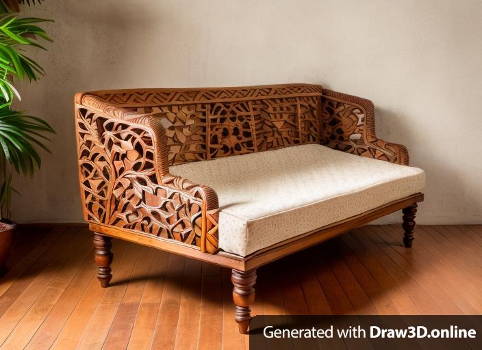 Sofa with pomegranate design wood carving and rattan weaving on the hand rail and top back, with light brown cushion, with covered wood legs