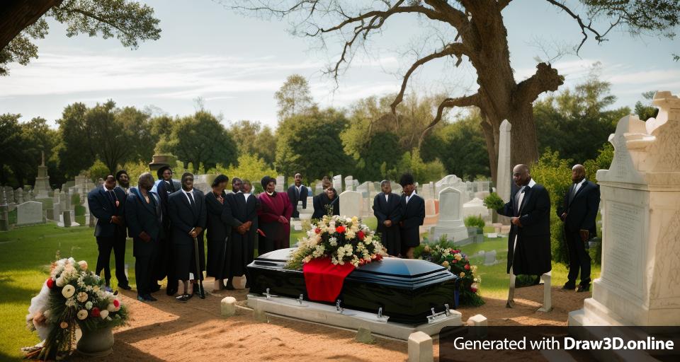 a group of black people standing around a casket in a cemetery