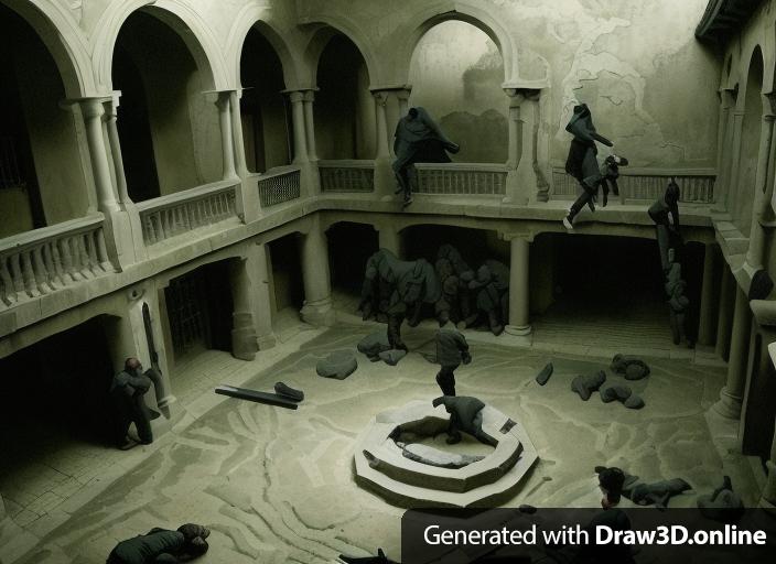 Dark comic book style scene of this courtyard filled with men fighting. Image must be in a. Comic book action scene dark noire vibes.