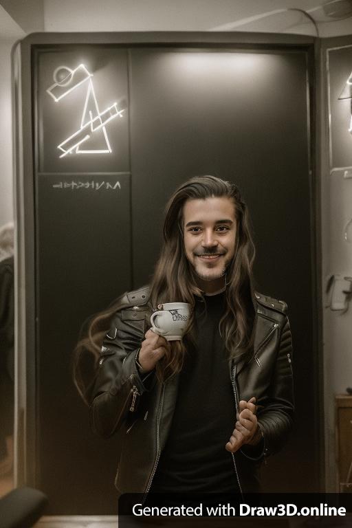 portret of a 25 years metalhead drinking coffie, looking right in front of the camera, he is smiling, his hair is long, his leather jacket is black