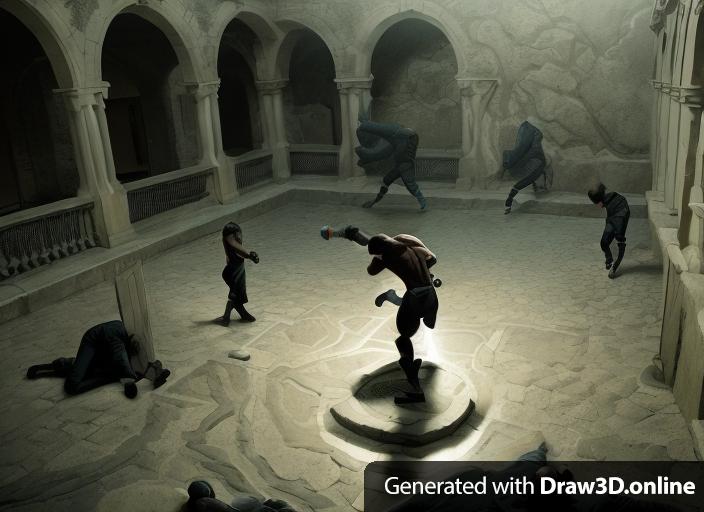 Dark comic book style scene of this courtyard filled with men fighting. Image must be in a. Comic book action scene dark noire vibes. With more shadow bodies