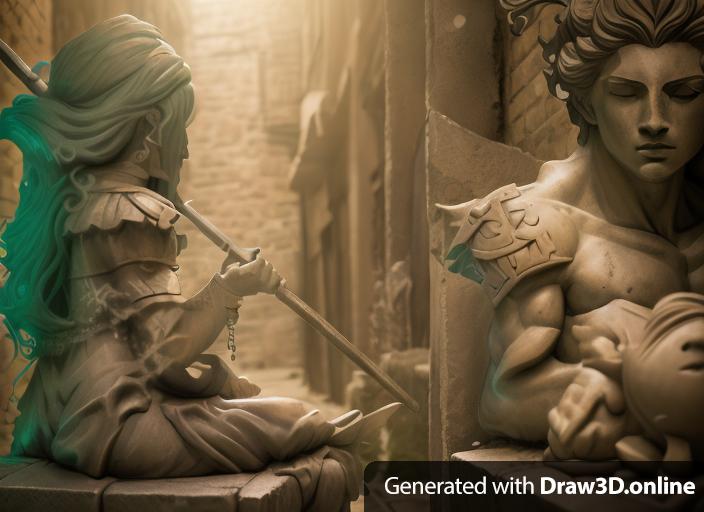 These two characters turned into stone statues in a dirty alleyway. Fantasy anime art style scene