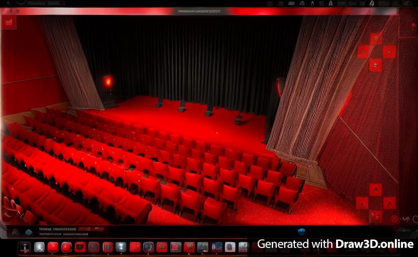 a 3d rendering of a magic theater with black curtains and red and black seats