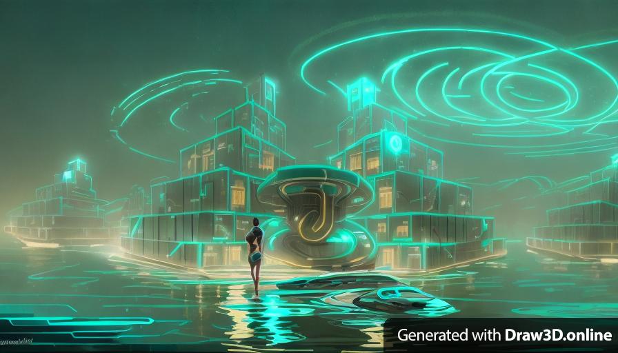 an electronic city set in a watery setting, in the style of light bronze and cyan, futuristic elements, light black and teal, andrzej sykut, majestic ports, art deco sensibilities, furaffinity