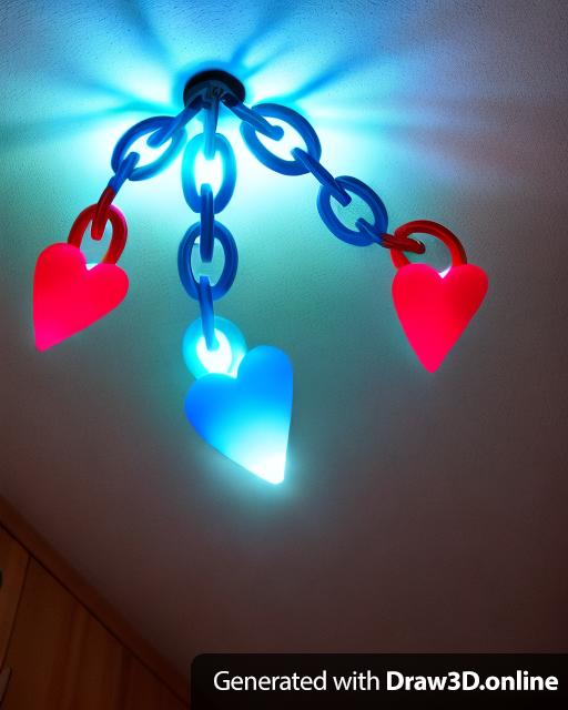 Light fixture made of blue acrylic chains and lite up red hearts hanging from a ceiling.
