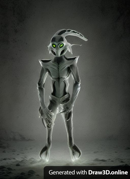 Alien creature, gray scales on its skin, dark green patterns at the darker spots. Elongated single skull. Long arms  with 5-finger strong hands. 6-finger feet with claws. The claws are short and trimmed upward.