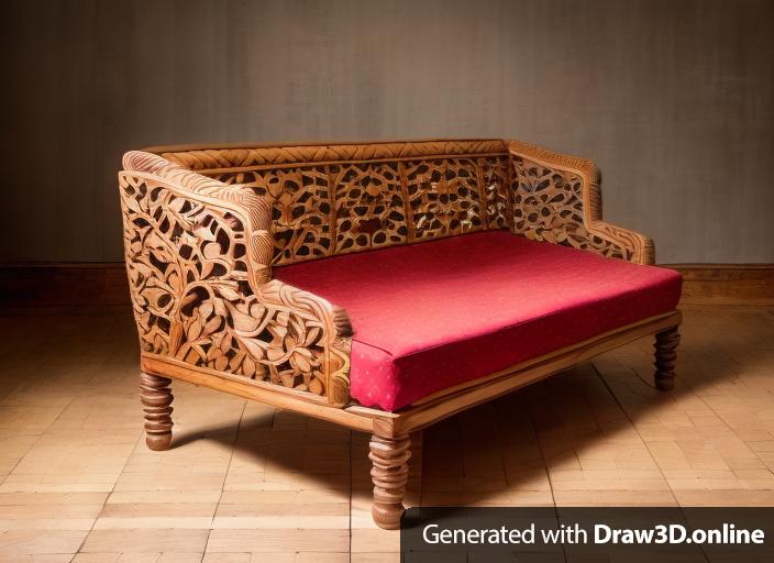 Sofa with pomegranate design wood carving and rattan weaving on the hand rail and top back, full bottom covered with wood, with light brown cushion.