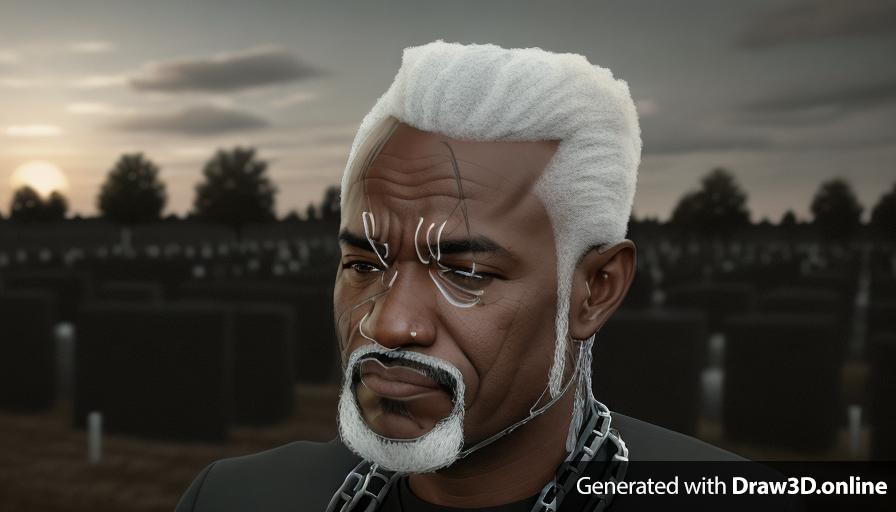 realistic unreal engine style, image of a 58 year old black man with a grey small goatee , dressed in black , chain at a funeral 
open field  exterior cemetery in the background
looks sad 
day time