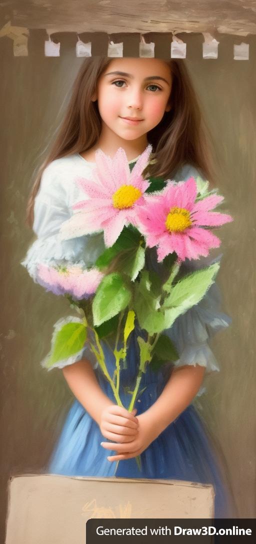 Keep the uploaded drawing  Put the flower from that in the hands a young French girl full color. Keep more of the original image, same colors and original textures of the flowers.