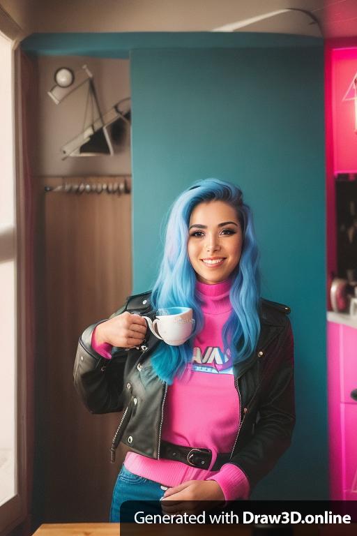 a portret of a 30  years woman drinking coffie, looking right in front of the camera, girl is smiling, her hair is blue on the right side and pink on the left side. her leather jacket is black