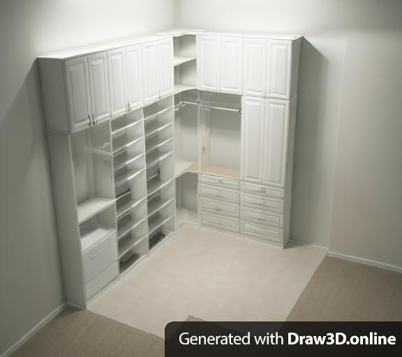 a 3d rendering of a white walk in closet