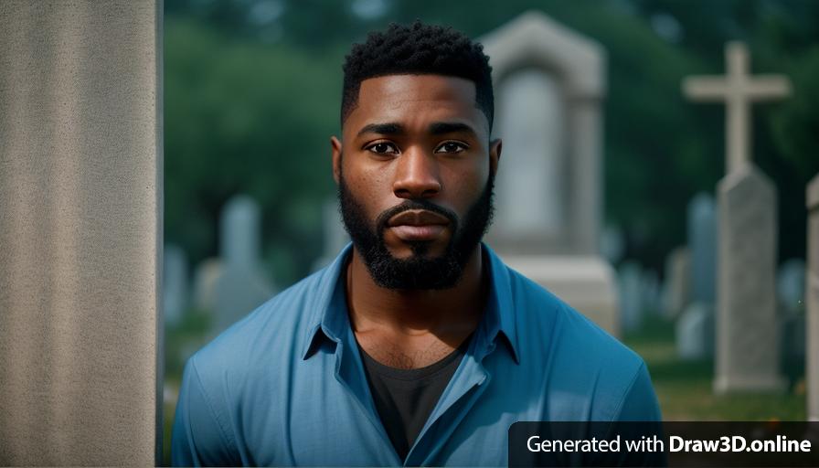 realistic unreal engine style, image of a black man with a beard and a very low hair  , wearing a only blue shirt and kneeling down  looking very sad  at a cemetery on a dark night