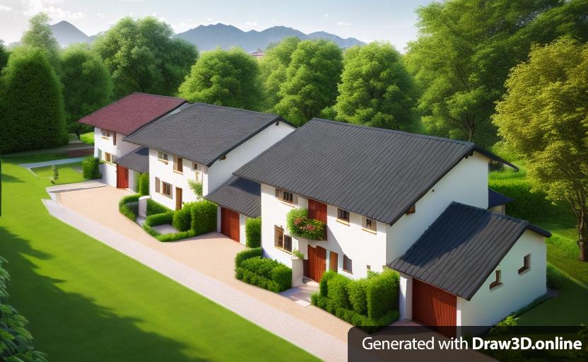 A rendering of a row of houses, garden in the background.