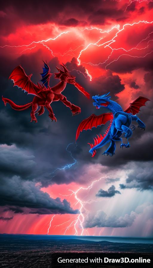 A red dragon on the left and blue dragon on the right fighting in the sky with lightening in the background