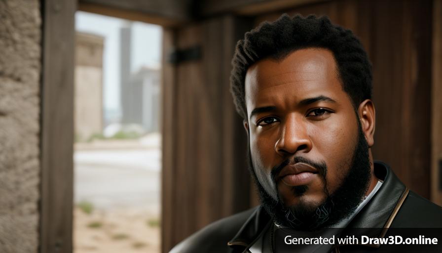 a realistic unreal engine style image of a black man with a beard
 a gate in the background