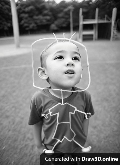 a portrait of a male child with a square disproportionally big head and uneven eyes in the playground