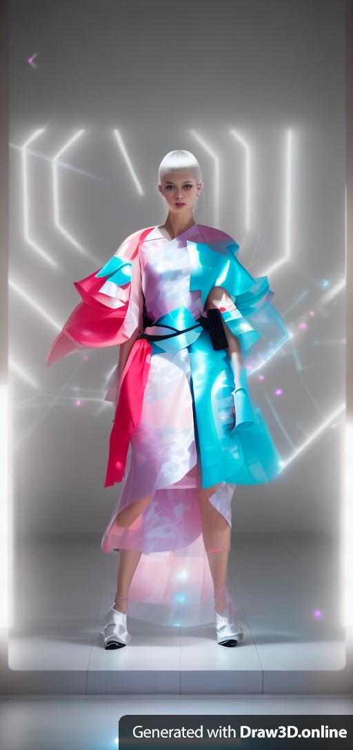 Cutting-edge dresses combining cyber and kimono, women posing at a fashion show, sci-fi, near future